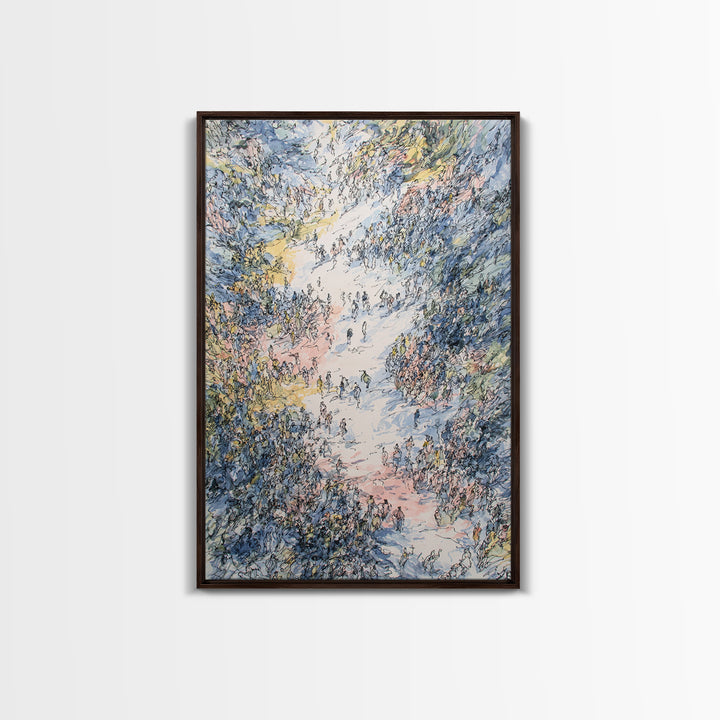 Pastel Valley Gathering Canvas Print, Dreamy Nature Scene With Tiny Figures, African Inspired Wall Decor, Unique Home Art