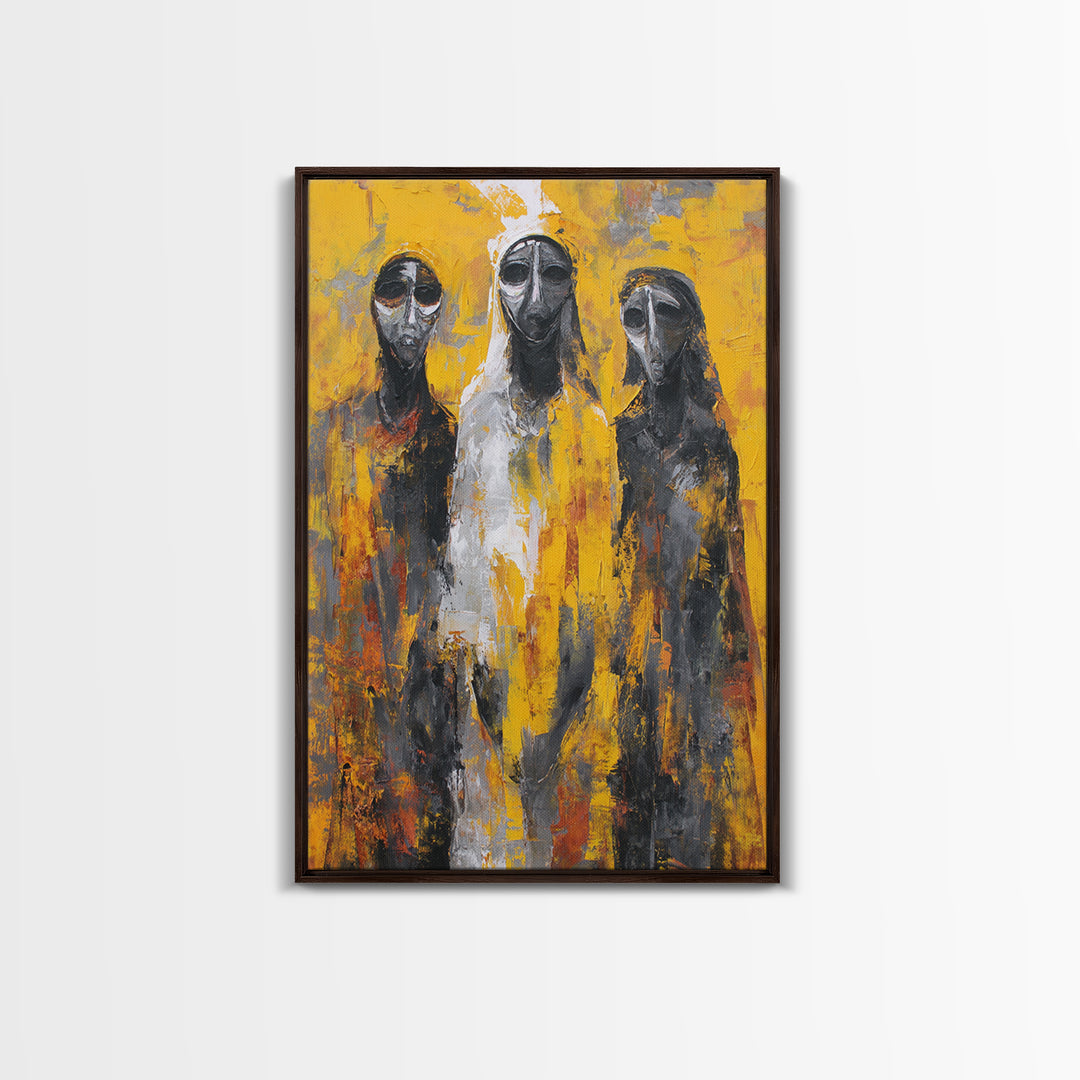 Three Abstract Masked Figures On Yellow Ground, Canvas Print, African Mask Art, Modern Tribal Wall Decor, Bold Portrait Art