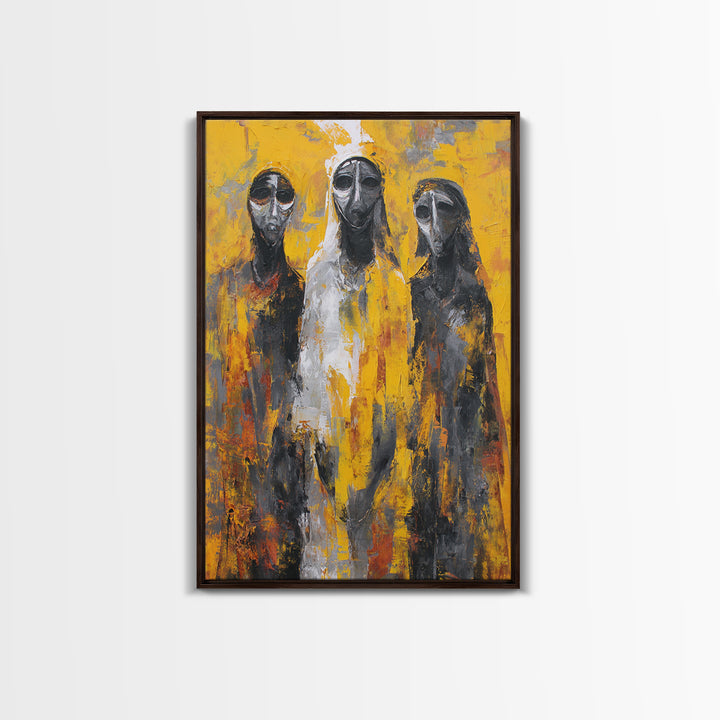 Three Abstract Masked Figures On Yellow Ground, Canvas Print, African Mask Art, Modern Tribal Wall Decor, Bold Portrait Art