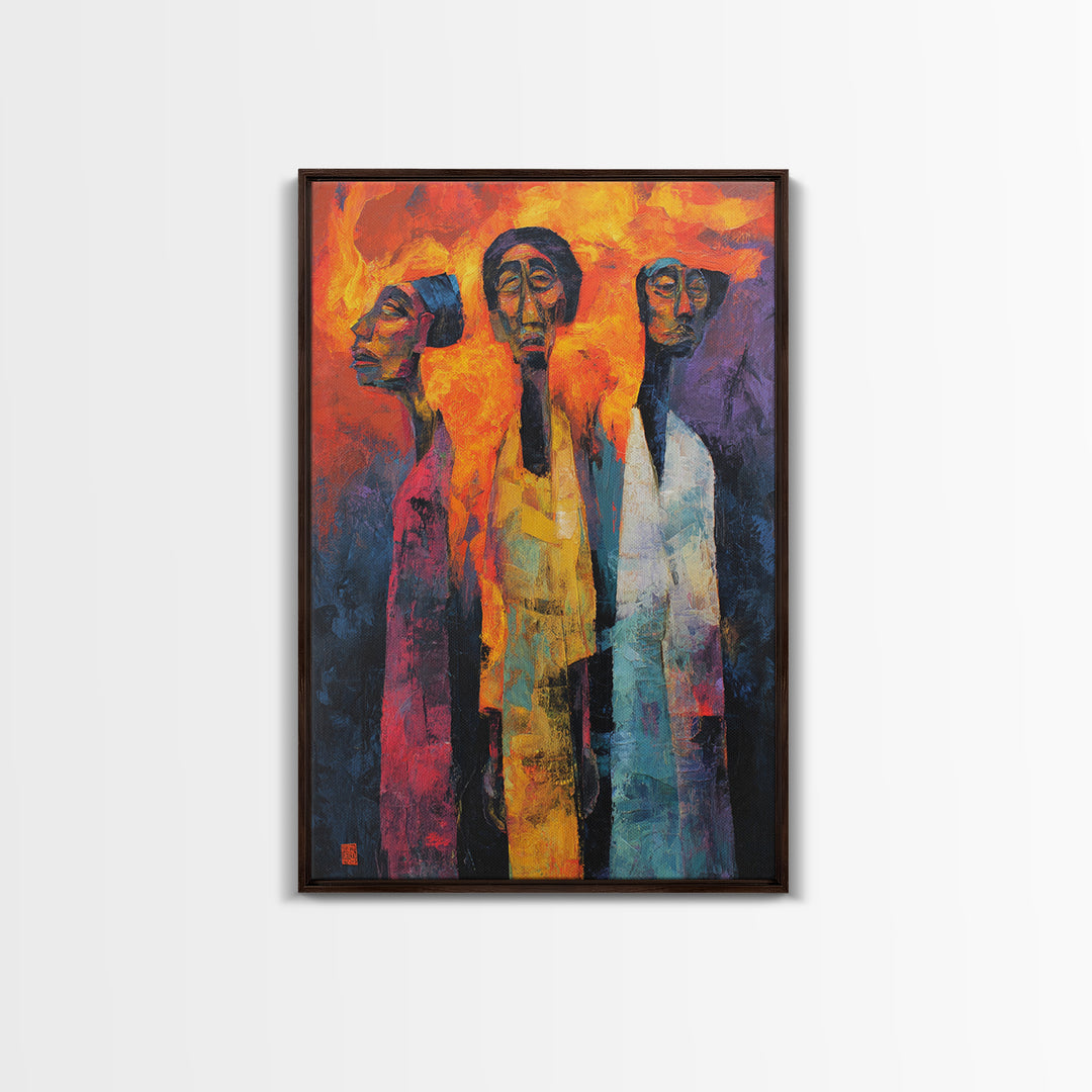 Fiery Three African Figures With Long Faces, Framed Canvas Print, Modern African Art, Black Culture Decor, Statement Wall Art