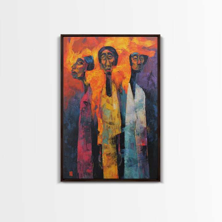 Fiery Three African Figures With Long Faces, Framed Canvas Print, Modern African Art, Black Culture Decor, Statement Wall Art