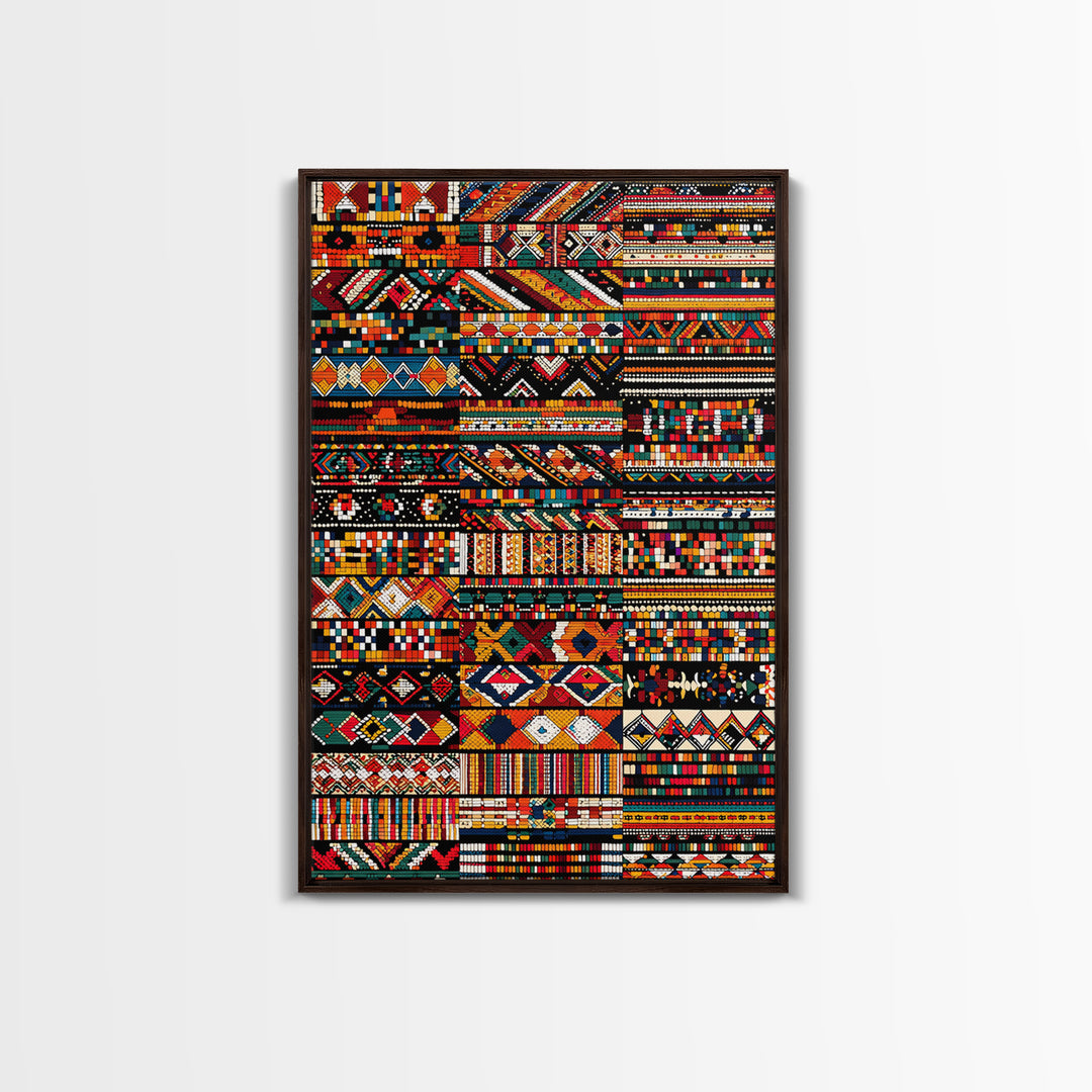 African Textile Mosaic Wall Art, Colorful Tribal Patterns Canvas Print, Ankara Fabric Collage, Afrocentric Home Decor Gift