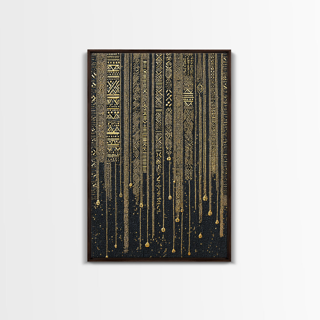 Black Gold Tribal Stripes Wall Art, African Pattern Framed Canvas Print, Elegant Textile Art, Luxury Home Decor Statement Piece