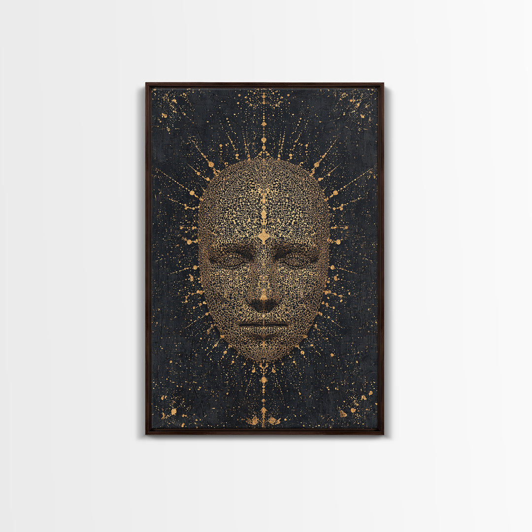 Gold Radiant African Mask Face Framed Canvas Print, Black And Gold Spiritual Wall Decor, Mystical Afrocentric Portrait Art