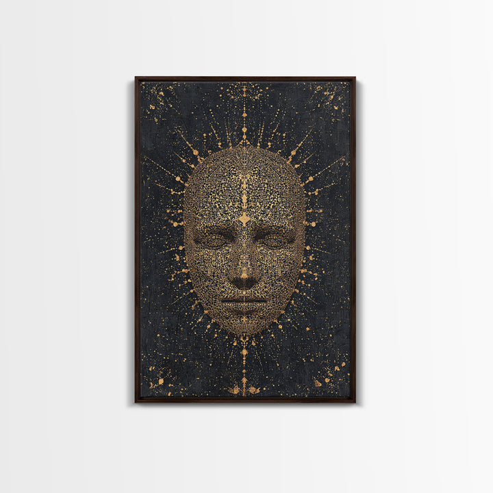 Gold Radiant African Mask Face Framed Canvas Print, Black And Gold Spiritual Wall Decor, Mystical Afrocentric Portrait Art