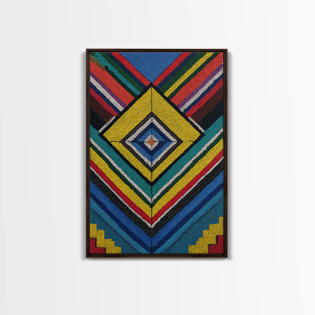 Beaded Diamond Geometric Tribal Wall Art, Colorful African Abstract Canvas Print, Bold Ethnic Pattern Living Room Decor Gift