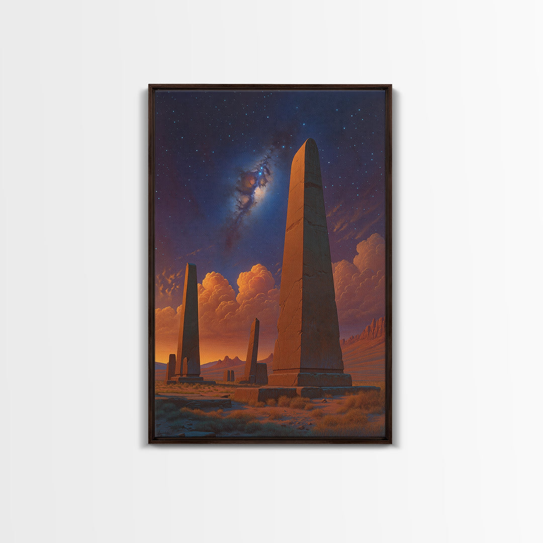 Ancient Desert Obelisks Under Stars Canvas Print, African Egyptian Art, Mystical Landscape Wall Decor, Stargazer Art Gift