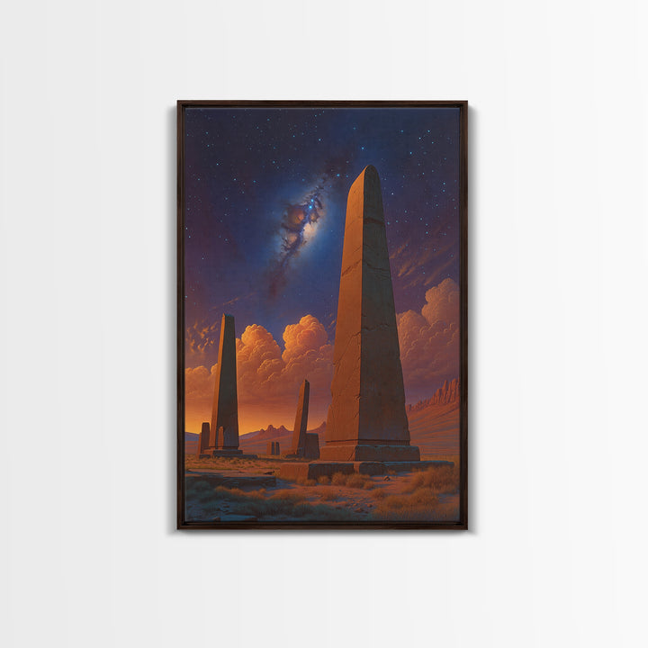 Ancient Desert Obelisks Under Stars Canvas Print, African Egyptian Art, Mystical Landscape Wall Decor, Stargazer Art Gift