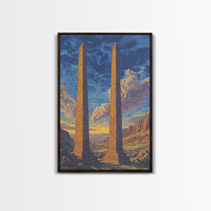 Twin Ancient Obelisks At Sunset Framed Canvas Print, African Egyptian Art, Historic Monument Landscape Wall Decor Gift For Home