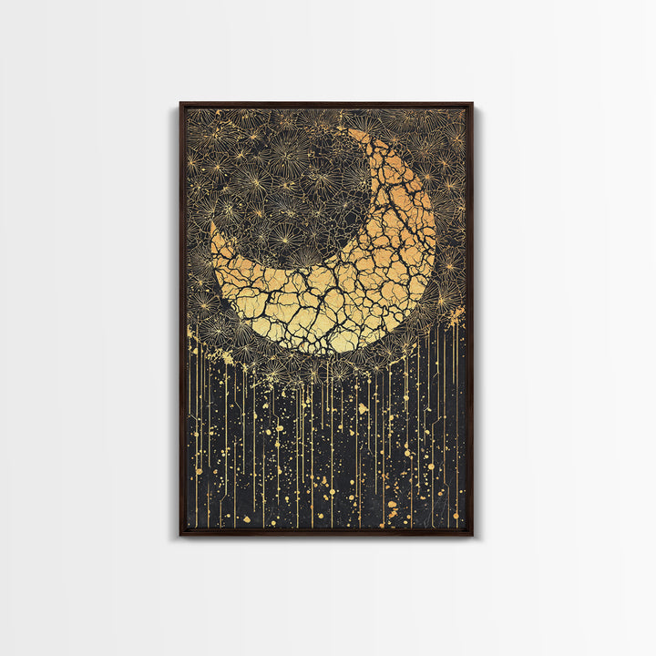 Cracked Gold Crescent Horn Abstract Wall Art, African Inspired Pattern Decor, Black And Gold Canvas Print For Boho Home Decor
