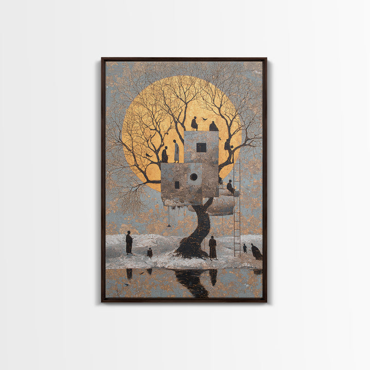 Surreal Moonlit Treehouse In Winter Wall Art, Dreamy Nature Scene Canvas Print, Whimsical Figures And Storybook Decor For Home