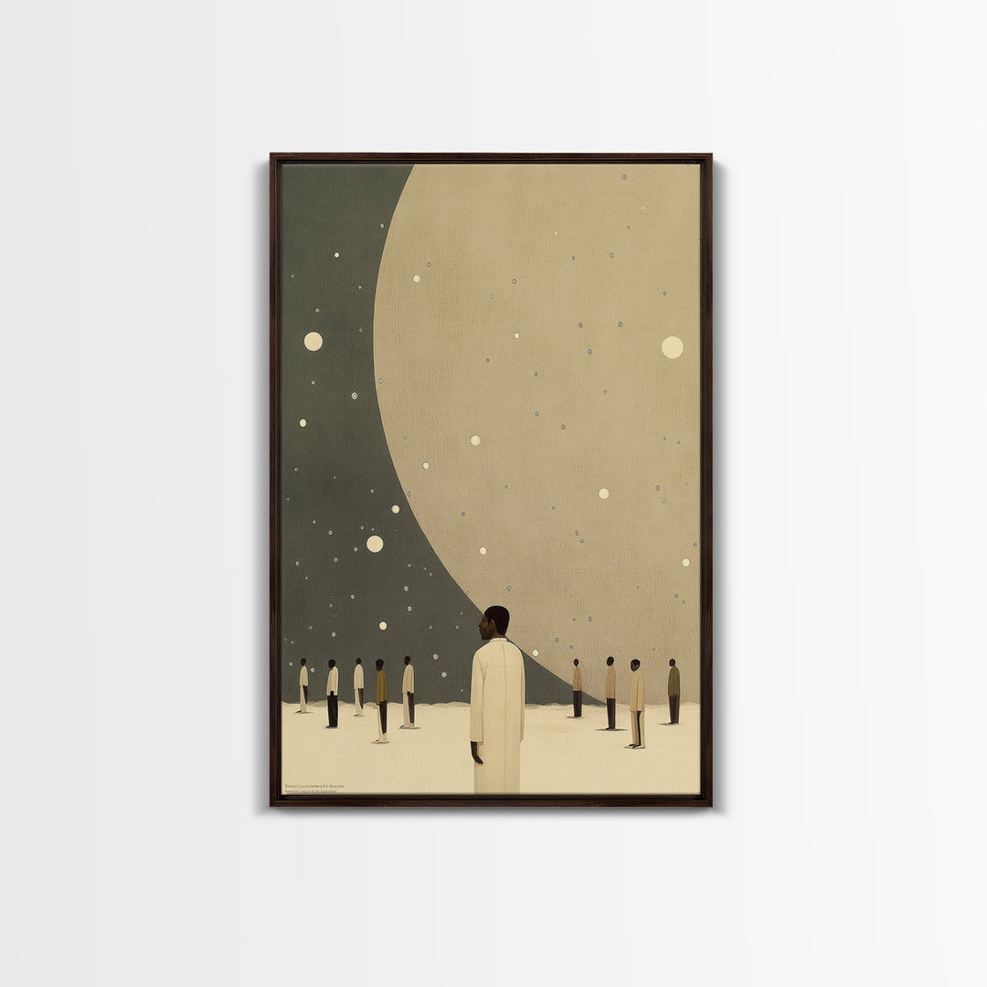 Minimalist Figures Beneath Giant Moon Wall Art, Modern Black Art Canvas Print, Dreamy Celestial Neutral Home Decor For Living Room