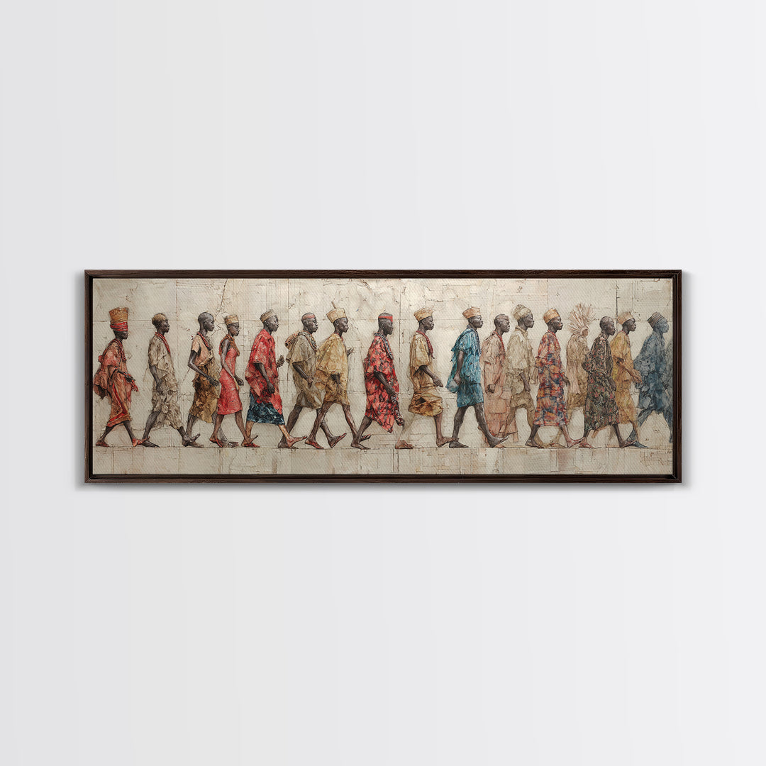 Walking African Village Procession Wall Art, Textured Cultural People Print, Panoramic Afrocentric Home Decor Gift For Hallway