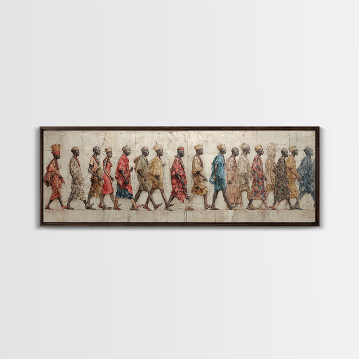 Walking African Village Procession Wall Art, Textured Cultural People Print, Panoramic Afrocentric Home Decor Gift For Hallway