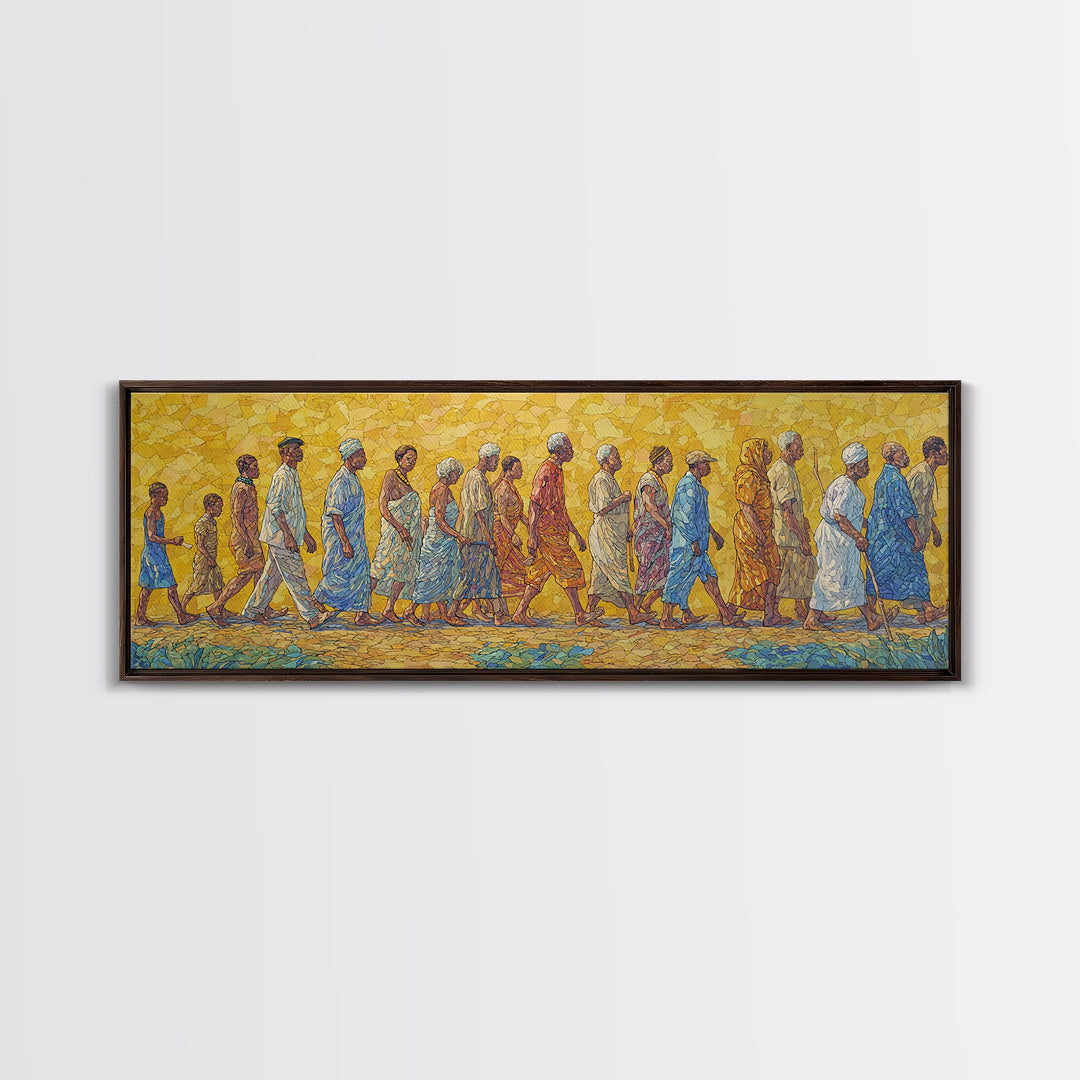 Sunlit African Walking Procession Canvas Print, Yellow Mosaic Cultural Wall Decor, Afrocentric Panoramic Home Art Gift For Living Room