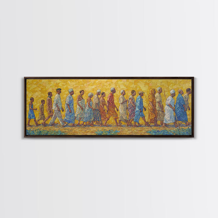 Sunlit African Walking Procession Canvas Print, Yellow Mosaic Cultural Wall Decor, Afrocentric Panoramic Home Art Gift For Living Room