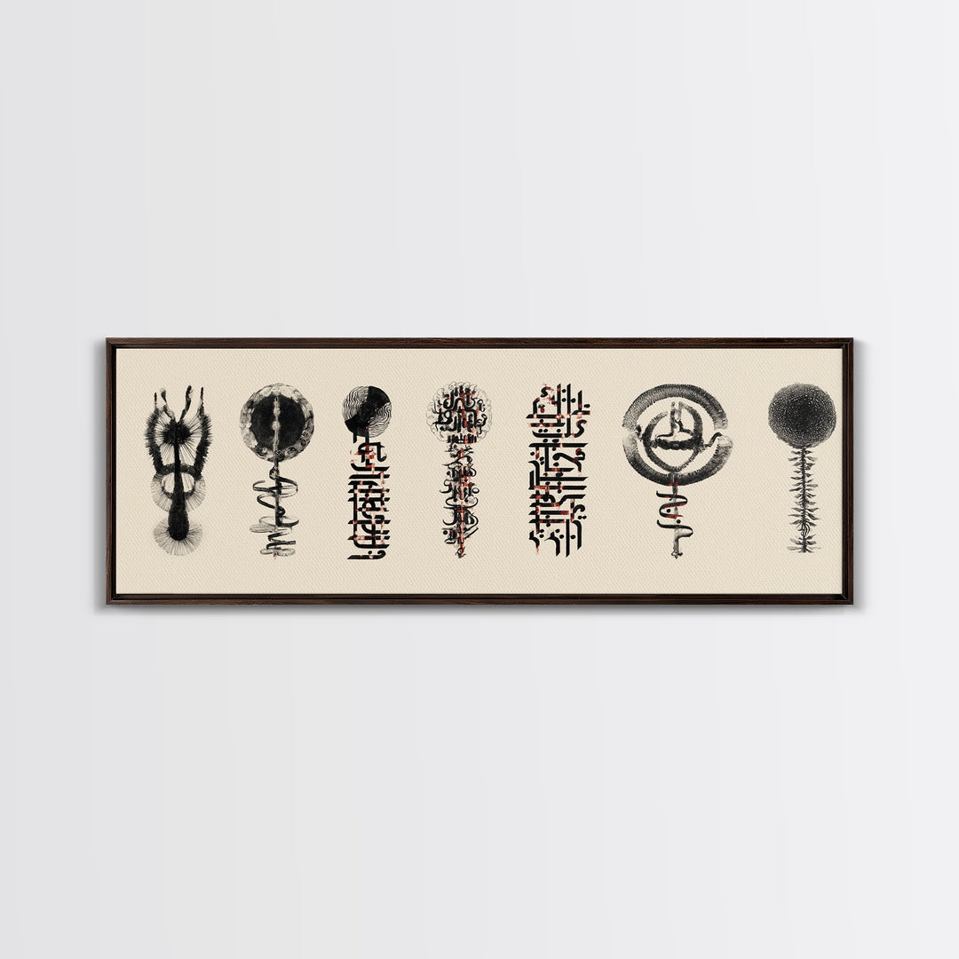 Ancient African Symbol Study Wall Art, Black Ink Tribal Mask Motifs, Minimalist Cultural Poster For Office And Home Decor