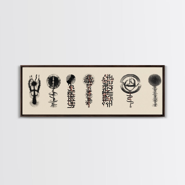 Ancient African Symbol Study Wall Art, Black Ink Tribal Mask Motifs, Minimalist Cultural Poster For Office And Home Decor