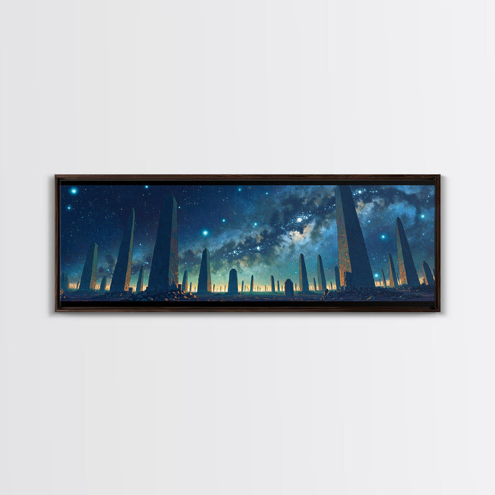 Futuristic Starry Obelisks Wall Art, African Egyptian Art, Cosmic Landscape Canvas Print, Mystical Blue Night Sky Office Decor