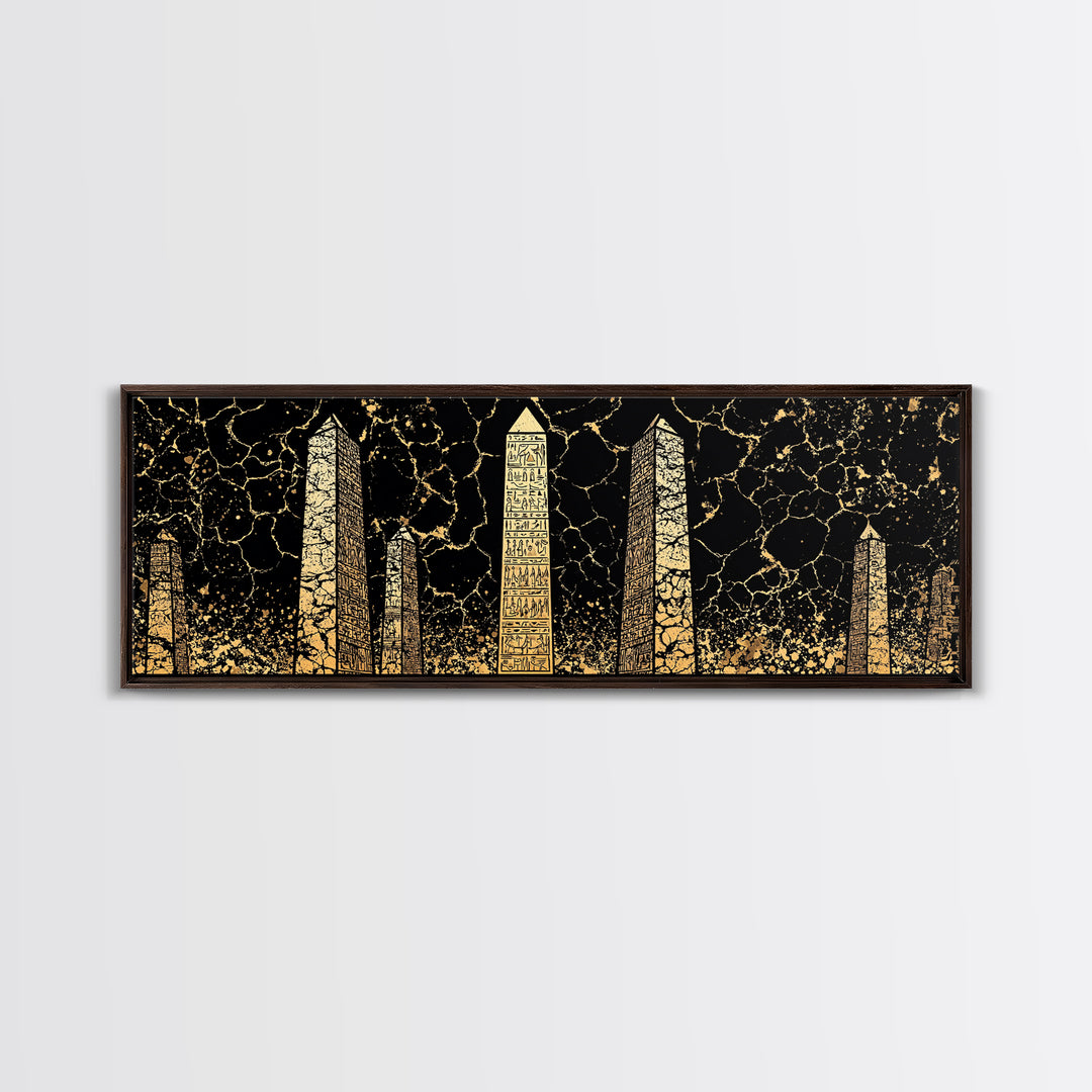 Gold Hieroglyph Obelisks Wall Art, African Egyptian Art, Black Gold Canvas Print, Ancient Symbols Cultural Statement Decor