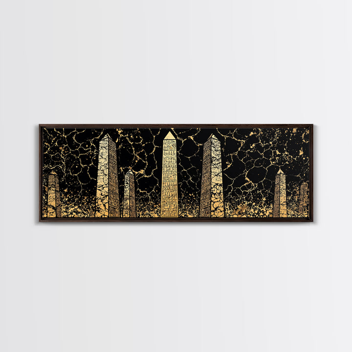 Gold Hieroglyph Obelisks Wall Art, African Egyptian Art, Black Gold Canvas Print, Ancient Symbols Cultural Statement Decor