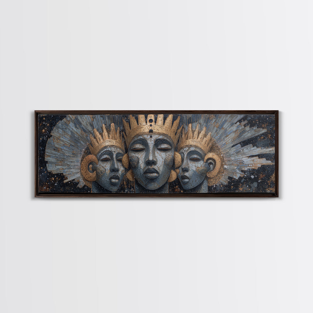 Regal Three African Goddess Faces Framed Canvas Print, African Women Art, Black Goddess Art, Gold Jewelry Canvas, Wall Decor