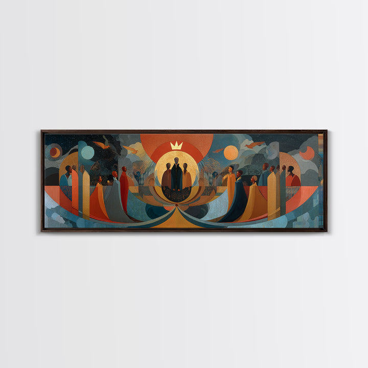Abstract African Procession With Sun And Moon Wall Art, Afrocentric Modern Canvas, Earth Tone Cultural Home Decor Art Gift