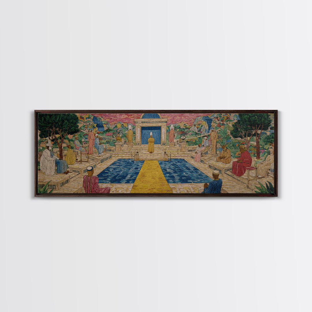 Golden Temple Garden Courtyard Canvas Print, African Inspired Landscape, Sacred Pathway Wall Decor, Elegant Home Art Gift