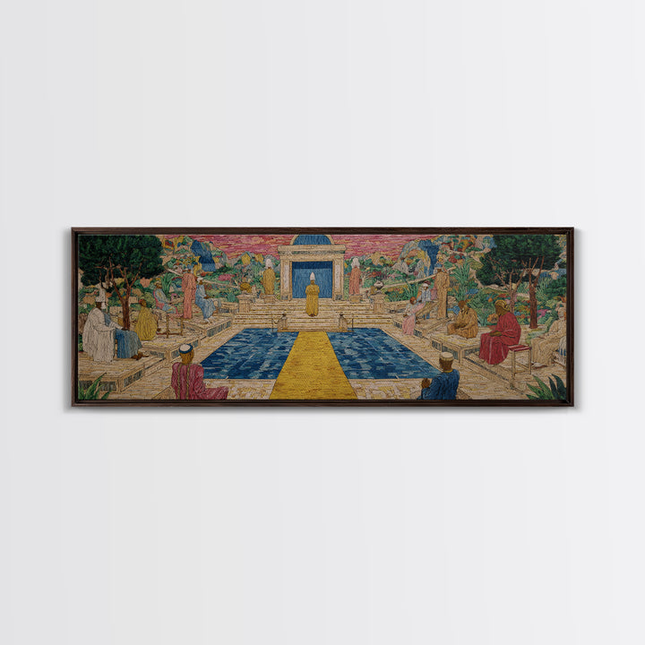 Golden Temple Garden Courtyard Canvas Print, African Inspired Landscape, Sacred Pathway Wall Decor, Elegant Home Art Gift
