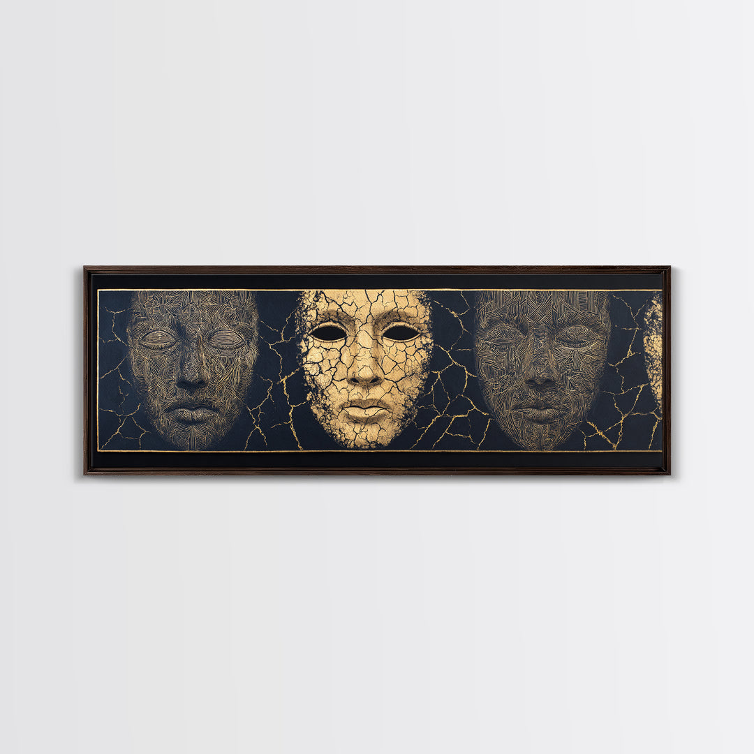 Gold And Black Ancient Mask Triptych Wall Art, Cracked Texture Faces, African Tribal Decor, Dramatic Cultural Canvas Gift