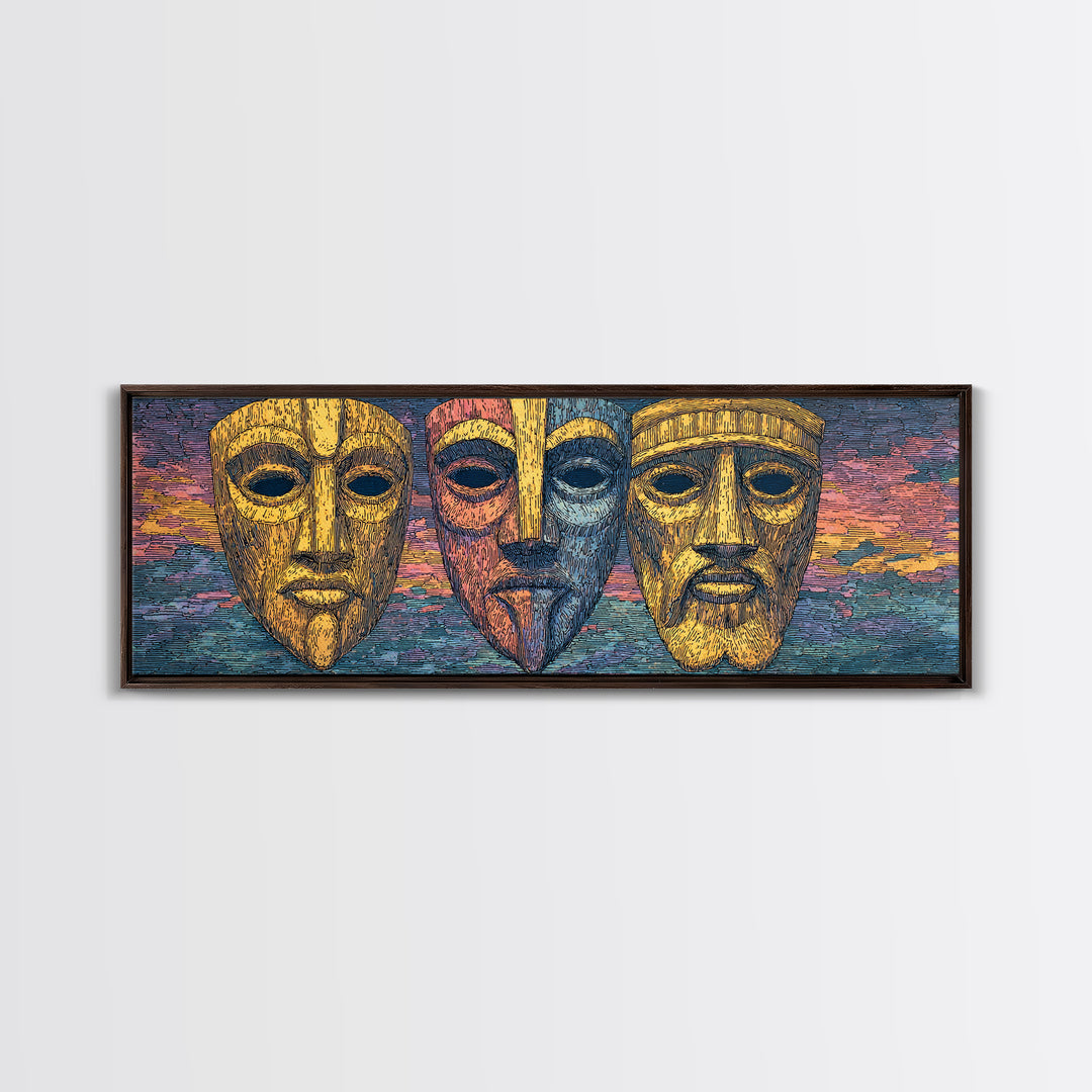 Three Golden African Masks Wall Art, Tribal Mask Canvas Print, Afrocentric Decor, Cultural Home Decor, Bold Statement Piece