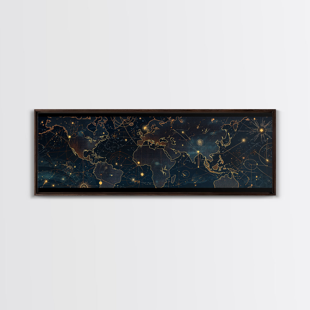 Dark Celestial World Map Wall Art, Gold Constellation Canvas Print, Modern Office Decor, Abstract Travel Home Decor, Housewarming Gift