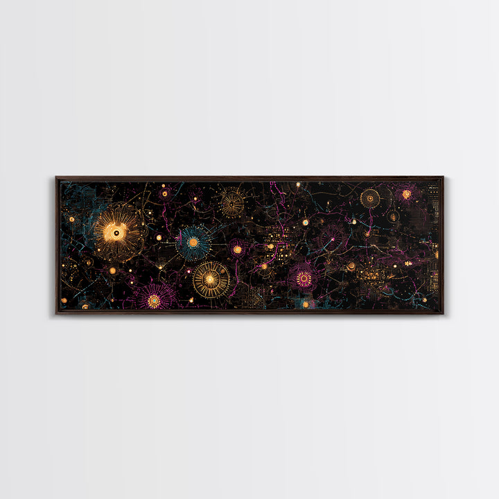 Gold And Magenta Galaxy Constellation Wall Art, Celestial Canvas Print, Modern Black Art, Vibrant Wall Decor, Mystical Art