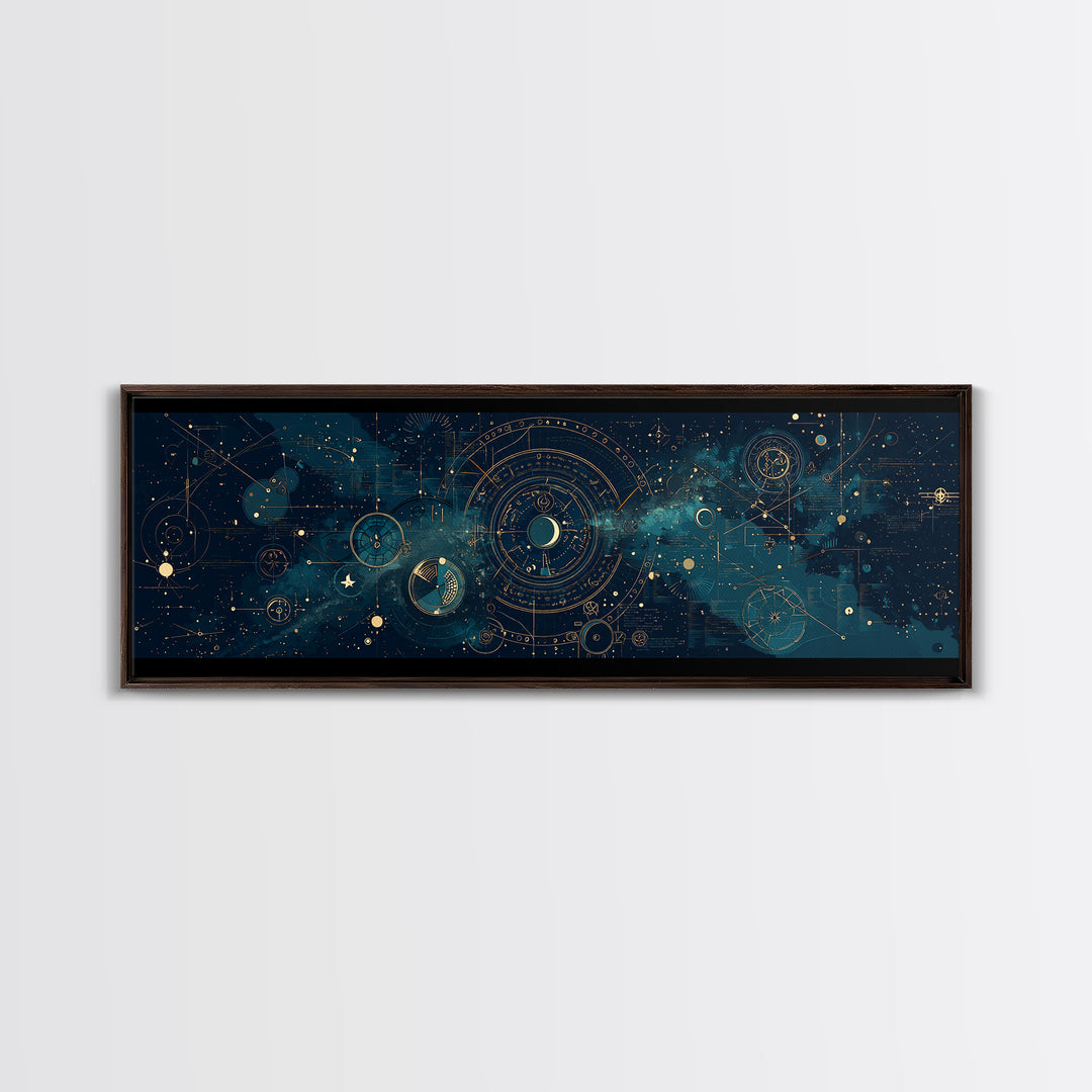 Teal Galactic Blueprint Astrolabe Framed Canvas Print, Geometric Wall Art, Modern Canvas Art, Celestial Office Decor, Unique Home Decor