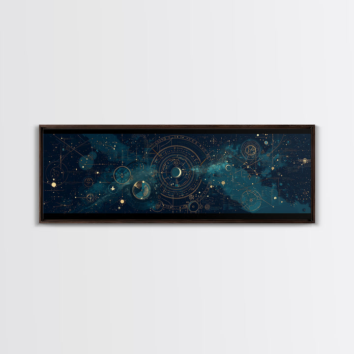 Teal Galactic Blueprint Astrolabe Framed Canvas Print, Geometric Wall Art, Modern Canvas Art, Celestial Office Decor, Unique Home Decor