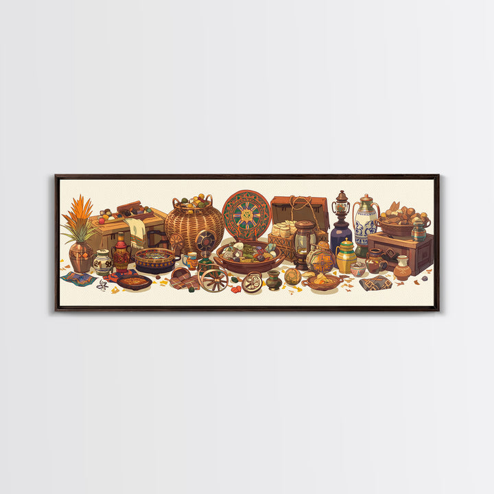 African Market Baskets Spices And Instruments Canvas Print, African Decor, Tribal Art Decor, Cultural Wall Art, Boho Home Decor