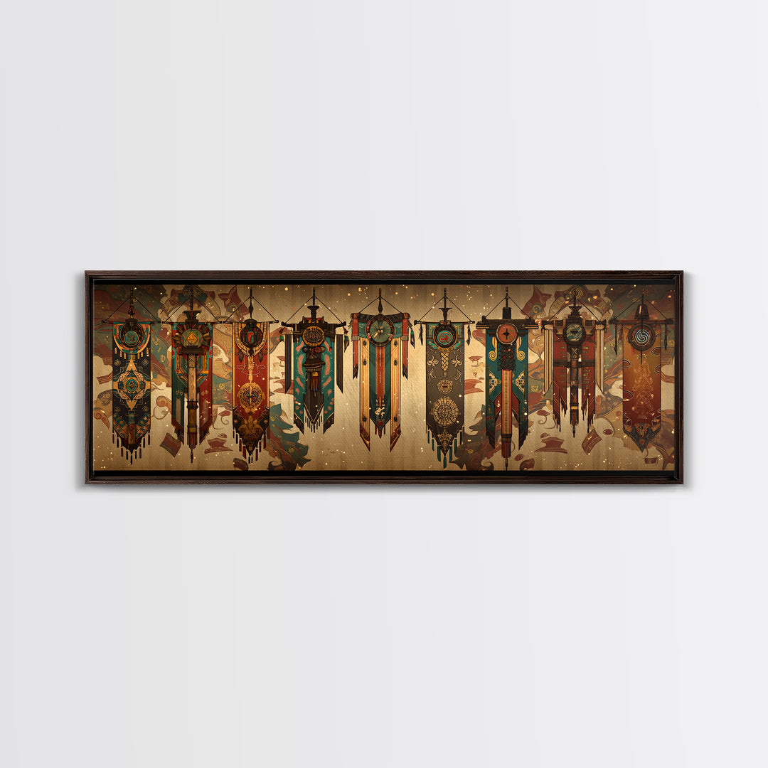 African Tribal Hanging Banners With Symbols Framed Canvas Print, Ethnic Wall Decor, Boho Patterns, Cultural Home Decor For Living Room