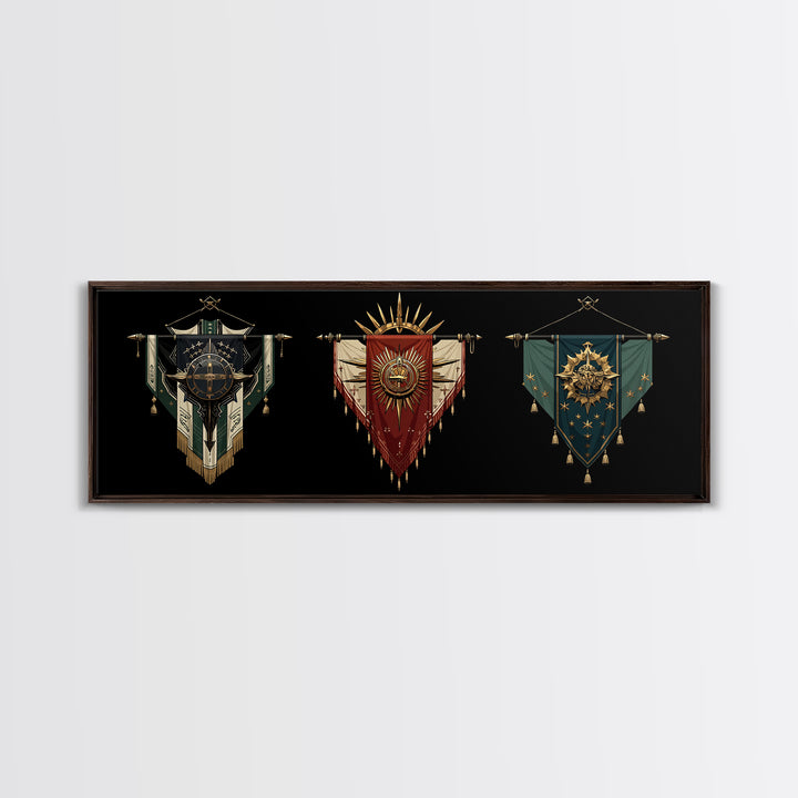 Ornate African Tribal Banners Wall Art, Gold Teal Shield Canvas, Afrocentric Decor, Modern African Art Print Gift For Home Decor