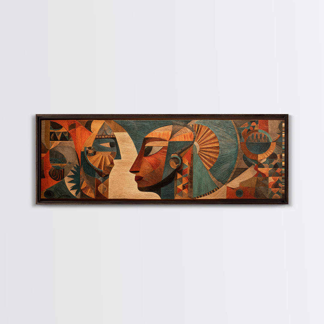 Cubist African Woman Profile Wall Art, Earth Tone Tribal Portrait, Abstract African Art Decor, Panoramic Canvas Print Gift