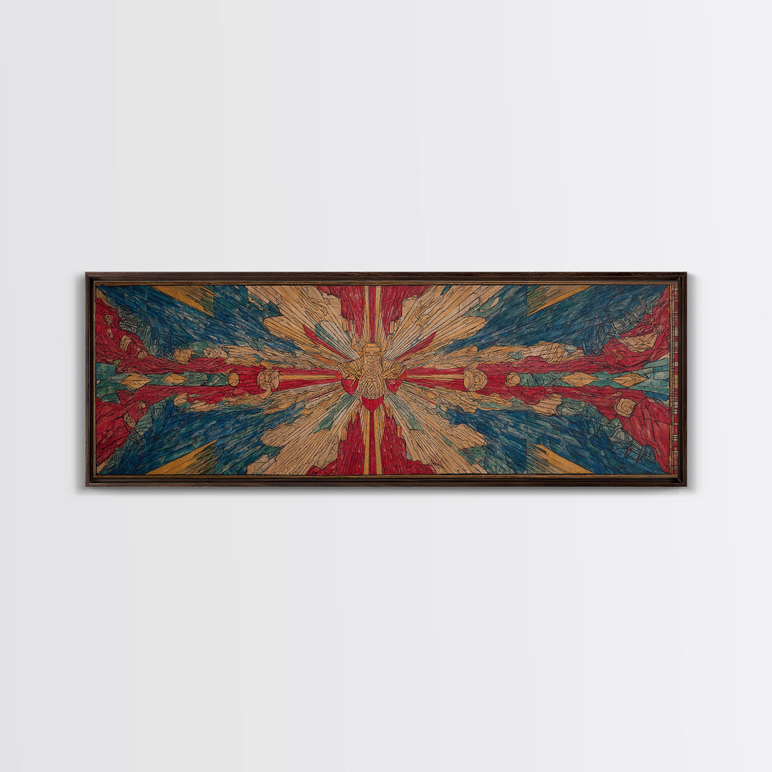 Radiant Dove Cross Abstract Wall Art, Red Blue Spiritual Canvas Print, Contemporary African Inspired Decor, Statement Gift