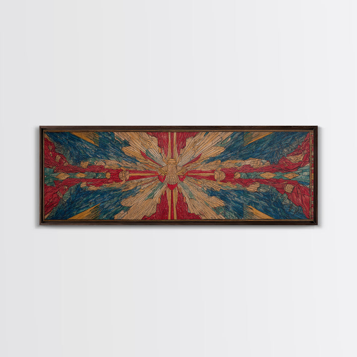 Radiant Dove Cross Abstract Wall Art, Red Blue Spiritual Canvas Print, Contemporary African Inspired Decor, Statement Gift