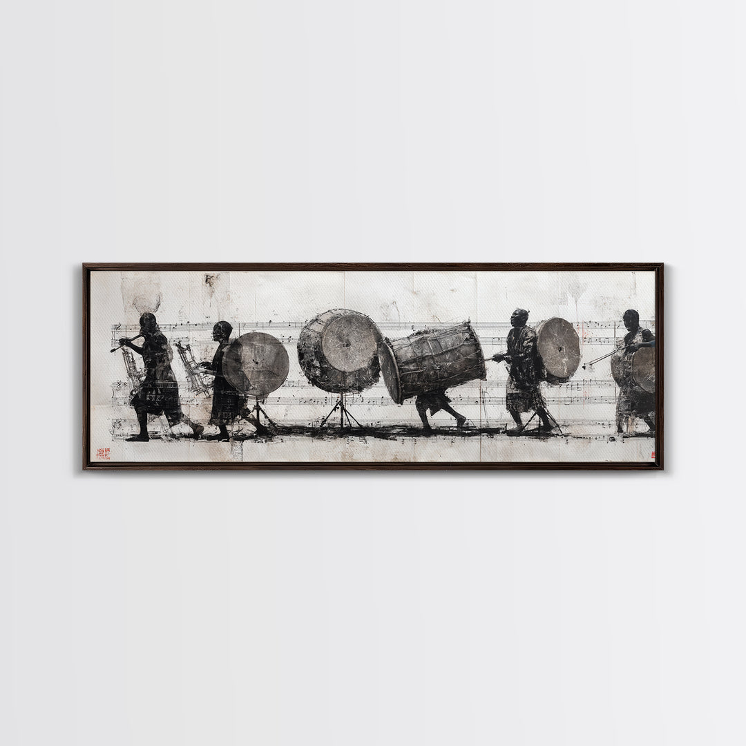 Monochrome African Drummers Wall Art, Tribal Music Procession Canvas Print, Cultural Black Art For Home Office Decor Gift
