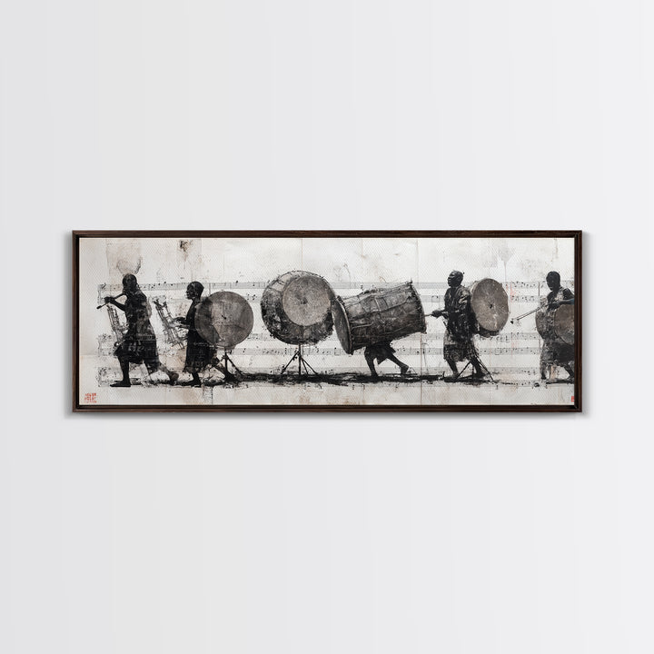 Monochrome African Drummers Wall Art, Tribal Music Procession Canvas Print, Cultural Black Art For Home Office Decor Gift