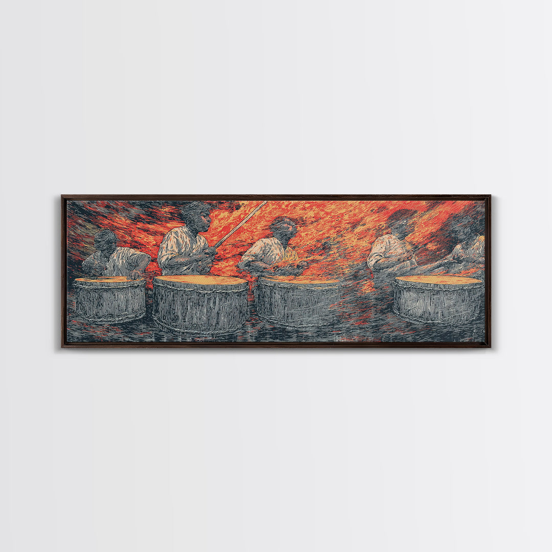 Fiery African Drummers Canvas Print, Red Orange Tribal Music Wall Art, Afrocentric Abstract Art For Bold Home Decor Gift