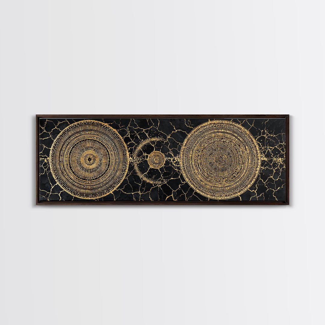 Gold Celestial Mandala Circles On Black Stone Wall Art, Abstract Wall Art, Luxury Canvas Print, Modern Home Decor, Statement Wall Decor