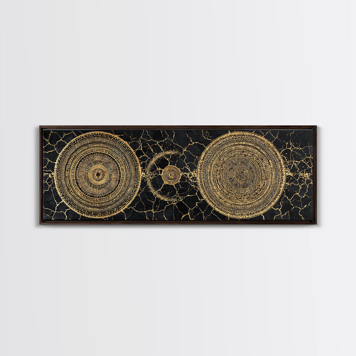 Gold Celestial Mandala Circles On Black Stone Wall Art, Abstract Wall Art, Luxury Canvas Print, Modern Home Decor, Statement Wall Decor