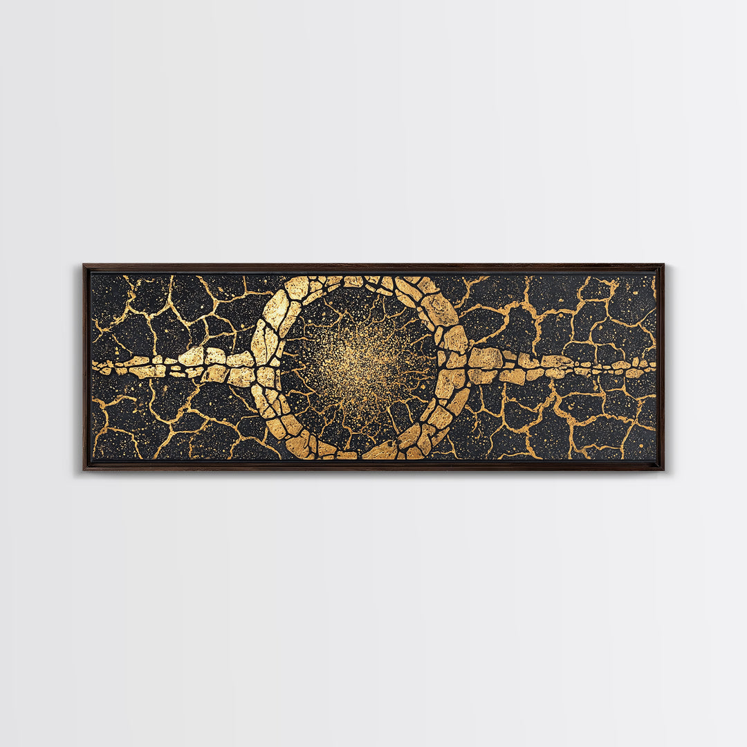 Gold Cracked Stone Circle With Cosmic Spark Wall Art, Abstract Black Art Canvas Print, Textured Modern Wall Decor, Statement Decor
