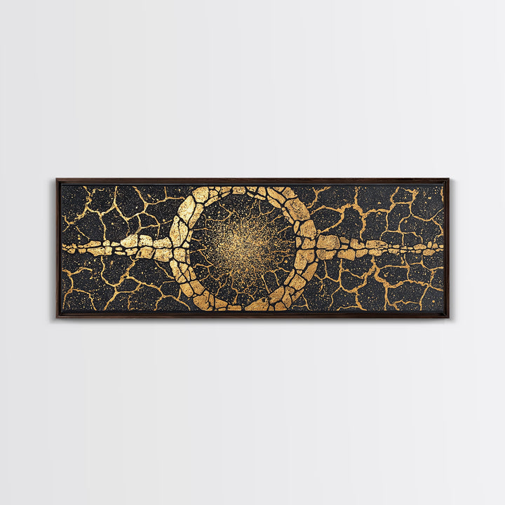 Gold Cracked Stone Circle With Cosmic Spark Wall Art, Abstract Black Art Canvas Print, Textured Modern Wall Decor, Statement Decor