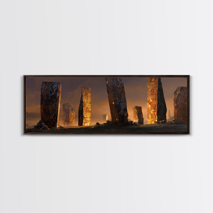 Glowing Ancient Monoliths In Desert Sunset Framed Canvas Print, Mystical Wall Art, Fantasy Ruins Decor, Large Wall Decor