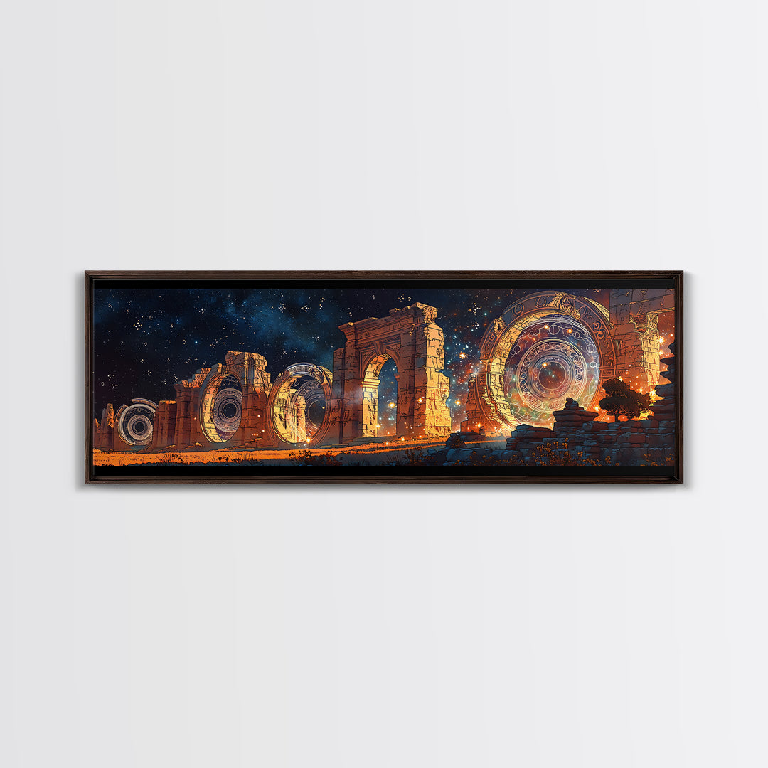 Starlit Ancient Arches With Cosmic Portals Framed Canvas Print, Mystical Wall Art, Galaxy Ruins Decor, Large Wall Art, Unique Home Decor
